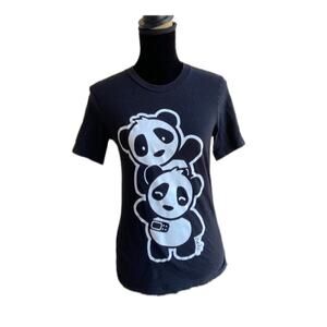 Ouchii Womens Tee Size Small‎ Pandas Stack Bandage Black White Cute Juniors